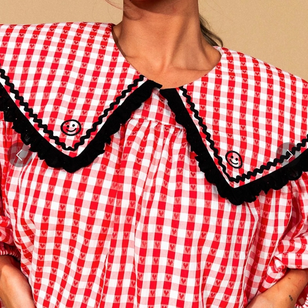 Red Gingham Dress with Black Trim